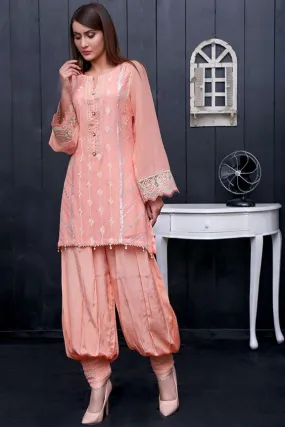1735-PEACH EMBROIDERED COTTON NET UNSTITCHED
