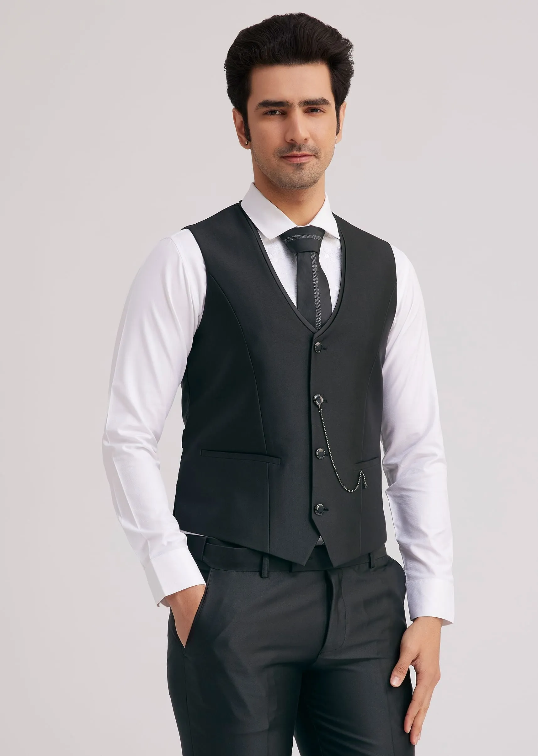 Black Silk Tuxedo With Stone Work And Net Detailing