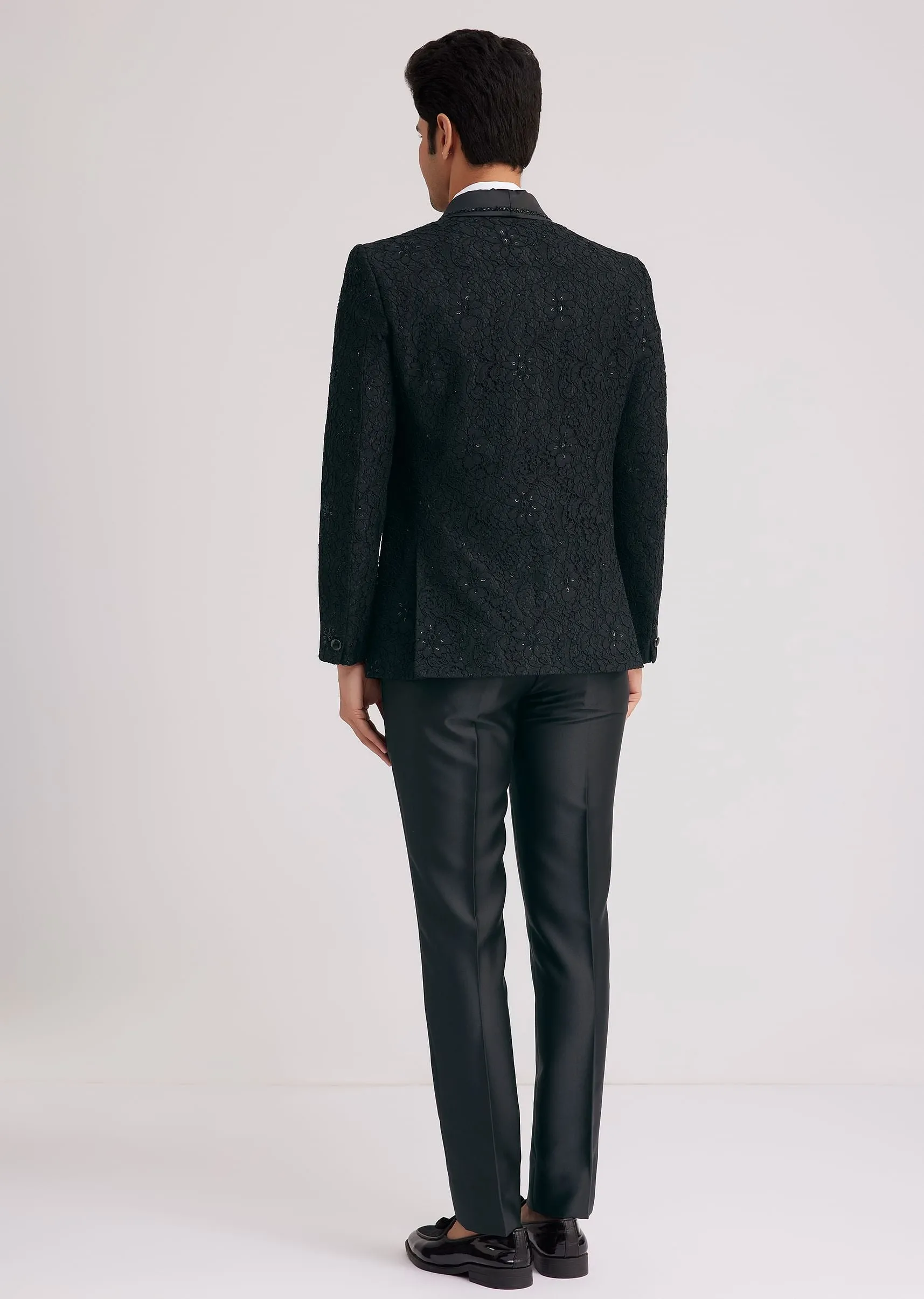 Black Silk Tuxedo With Stone Work And Net Detailing