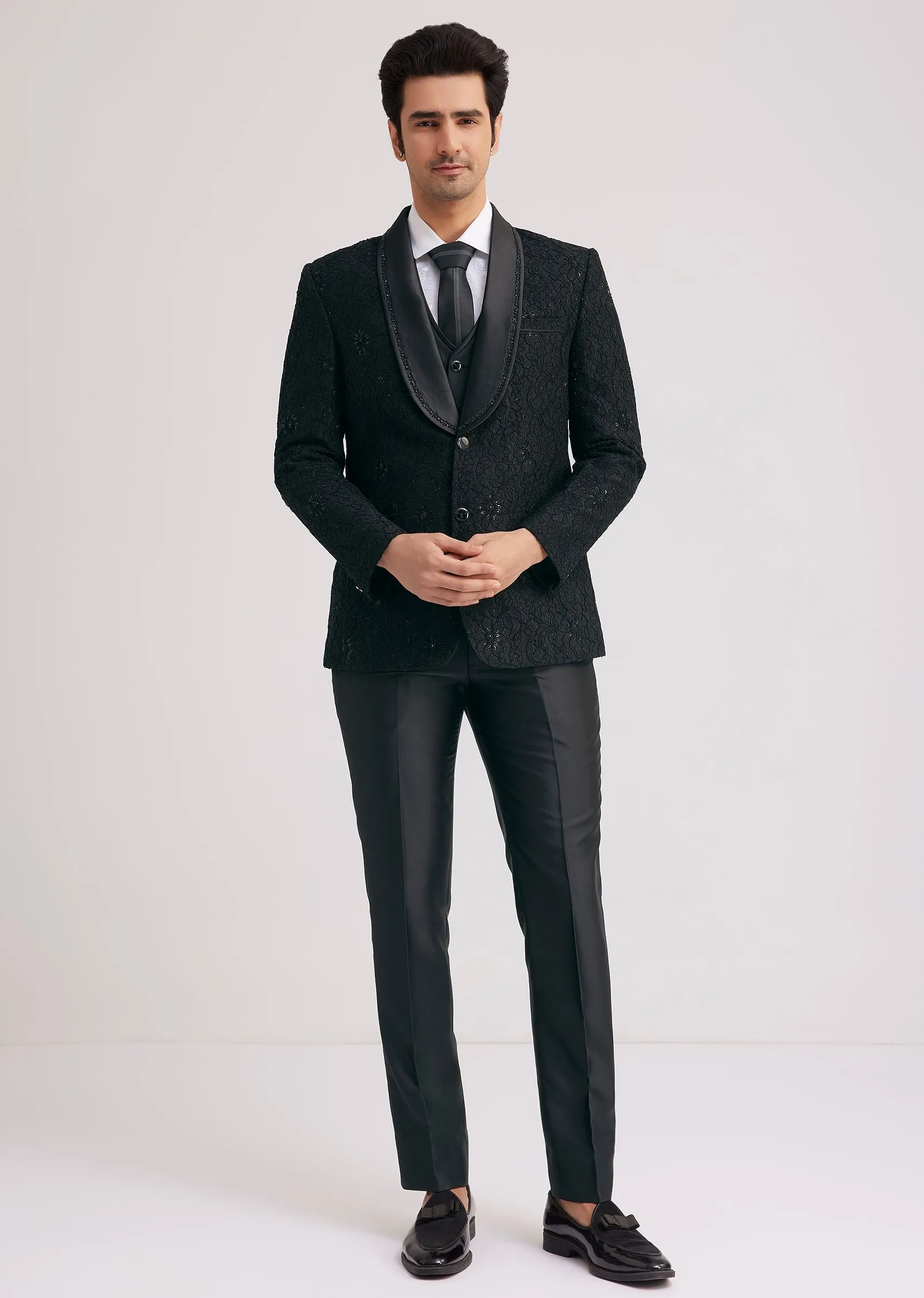 Black Silk Tuxedo With Stone Work And Net Detailing