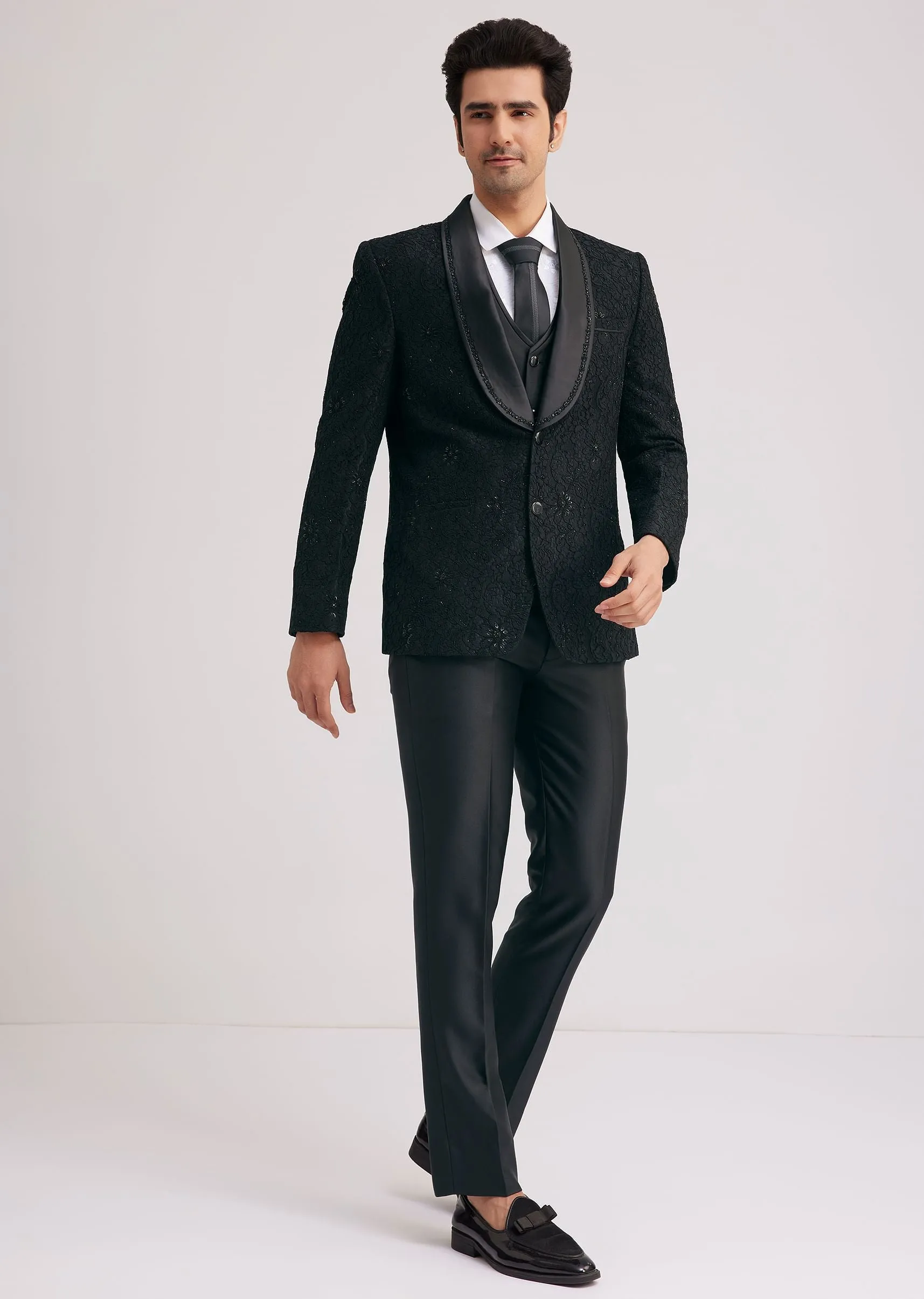 Black Silk Tuxedo With Stone Work And Net Detailing