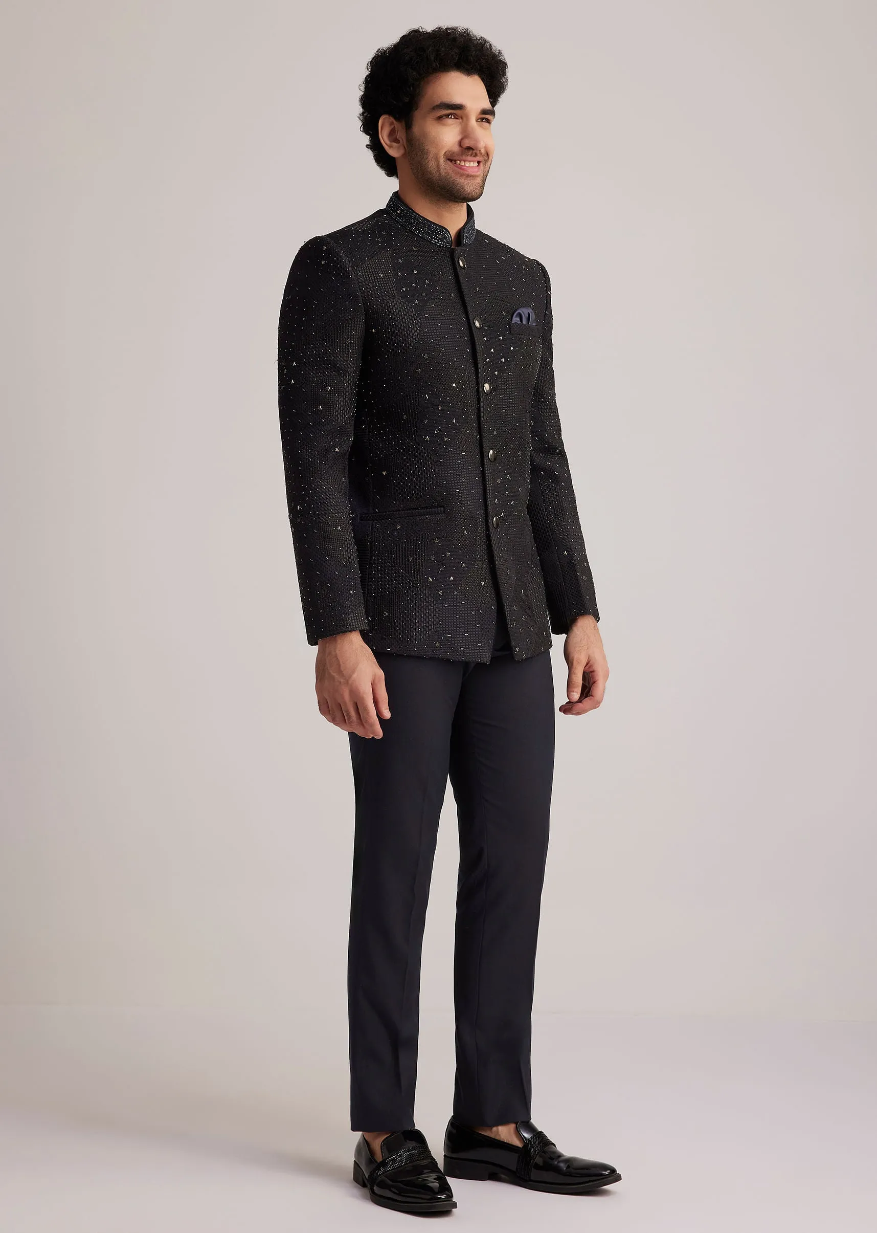 Black Stone Studded Bandhgala Suit
