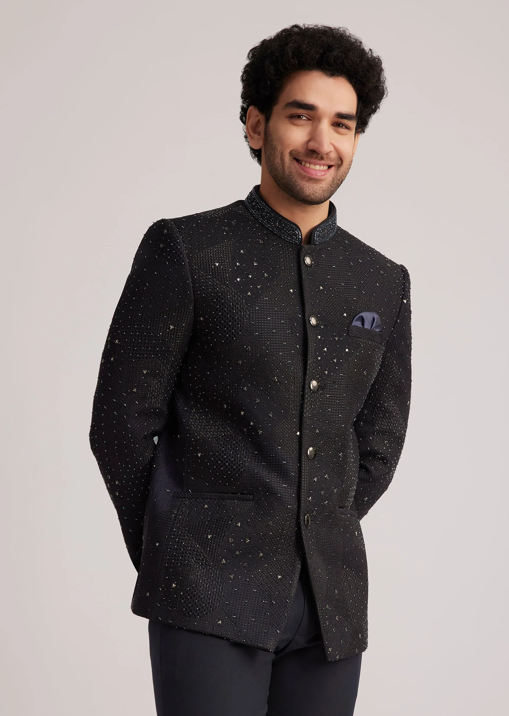 Black Stone Studded Bandhgala Suit