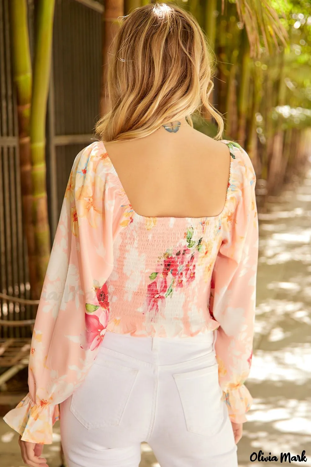Deanwangkt - Nude Floral V-Neck Smocked Bishop Sleeve Top