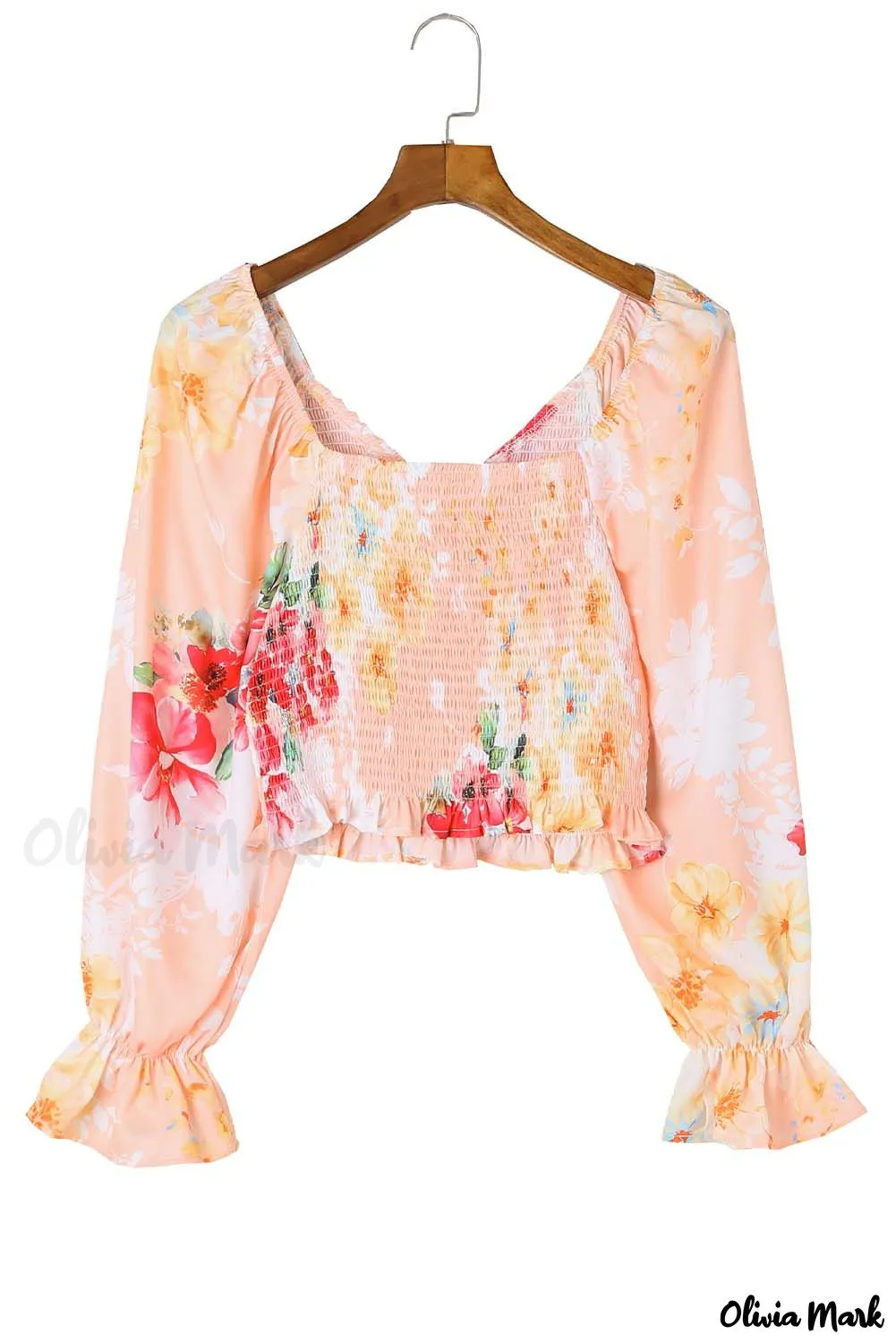 Deanwangkt - Nude Floral V-Neck Smocked Bishop Sleeve Top