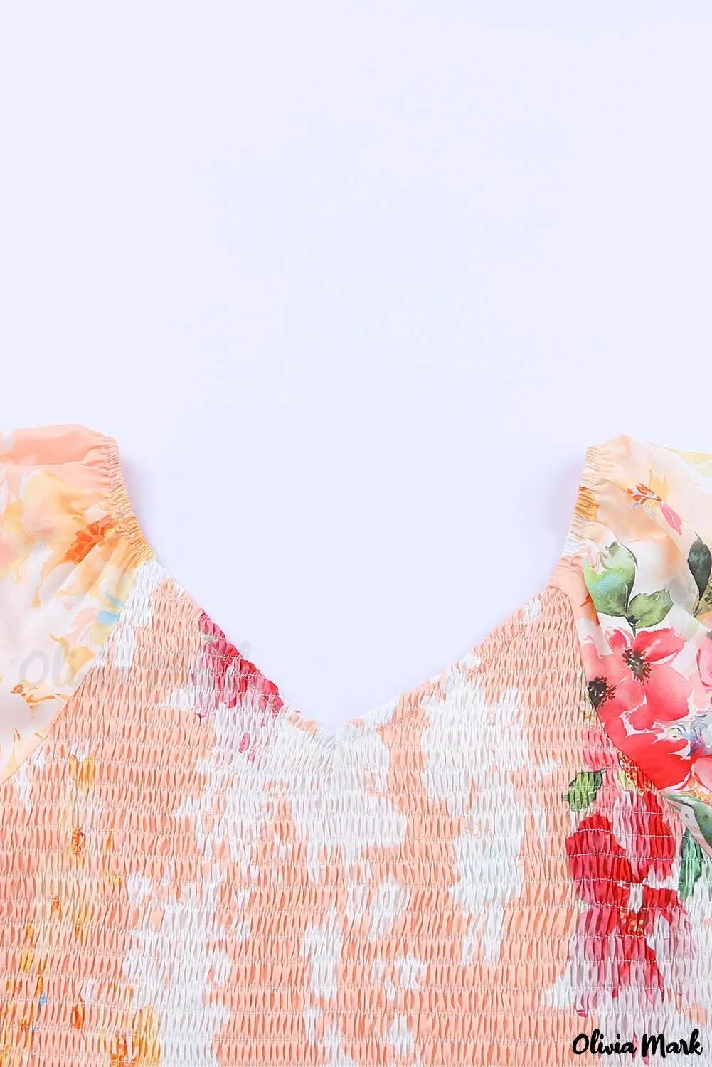 Deanwangkt - Nude Floral V-Neck Smocked Bishop Sleeve Top