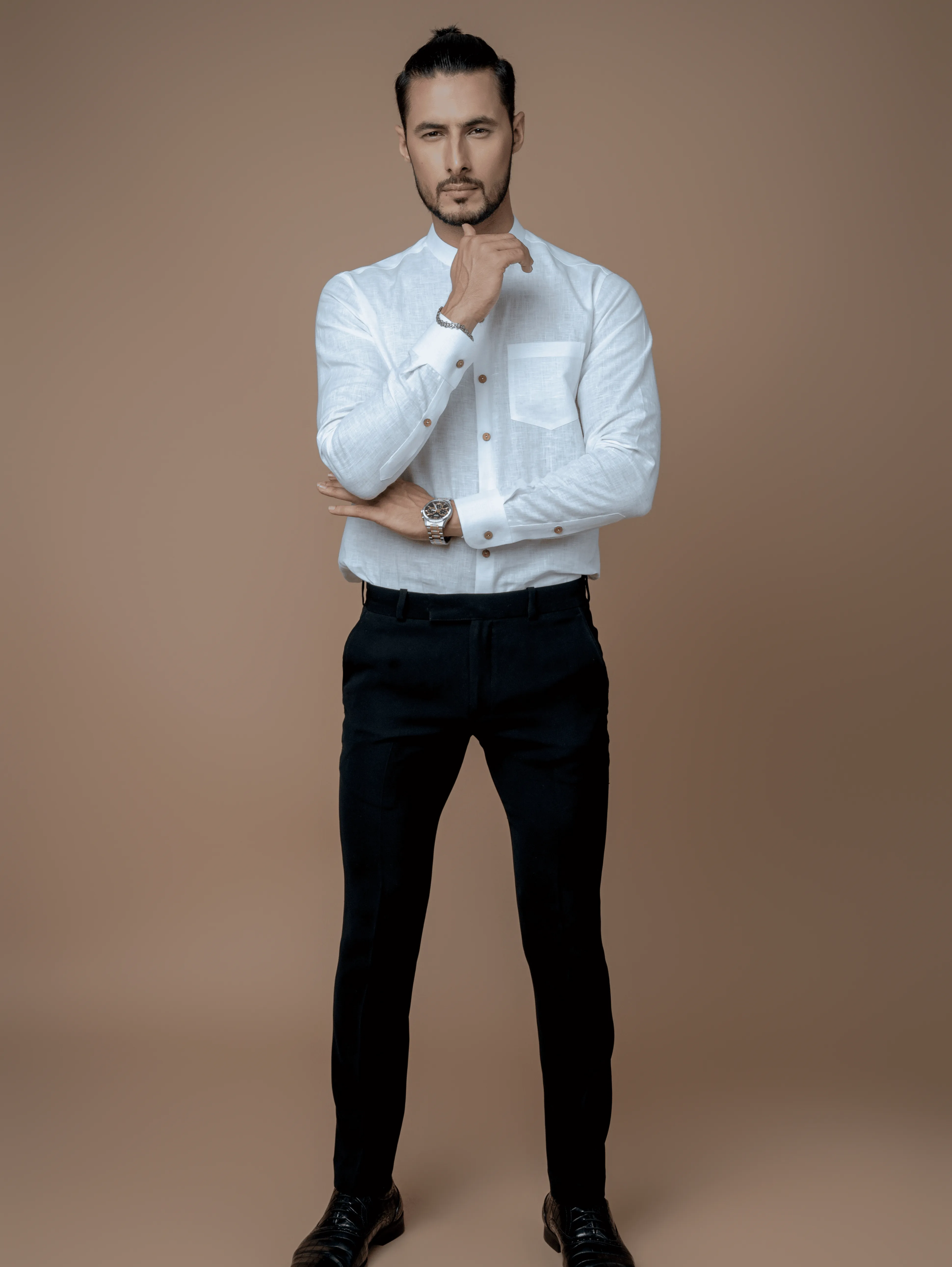 Formal Full Sleeves Linen Shirt With Mandarin Collar