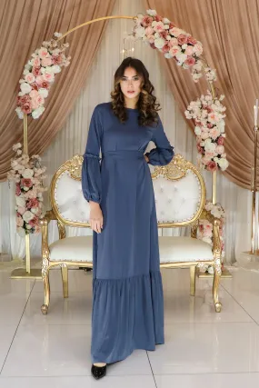 Elegant Blue-Gray Grace Soft Ruffle Dress for Women