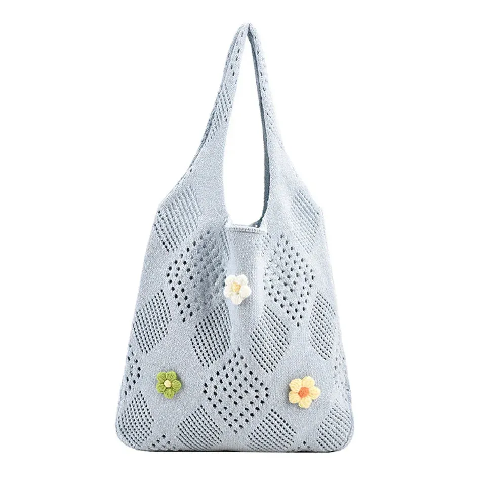 UAKISS  - Cute Large Capacity Tote Handbag Trendy Wool Flower Shoulder Bag for Teenage Girls Fashion Student Top-handle Bag