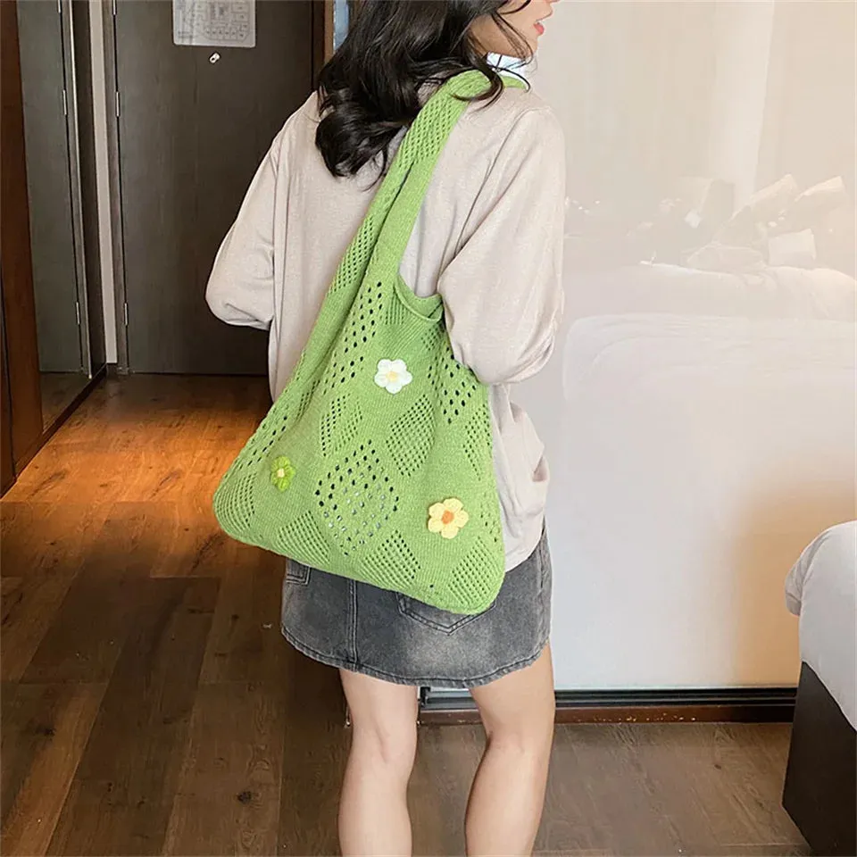 UAKISS  - Cute Large Capacity Tote Handbag Trendy Wool Flower Shoulder Bag for Teenage Girls Fashion Student Top-handle Bag