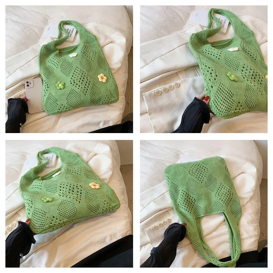 UAKISS  - Cute Large Capacity Tote Handbag Trendy Wool Flower Shoulder Bag for Teenage Girls Fashion Student Top-handle Bag
