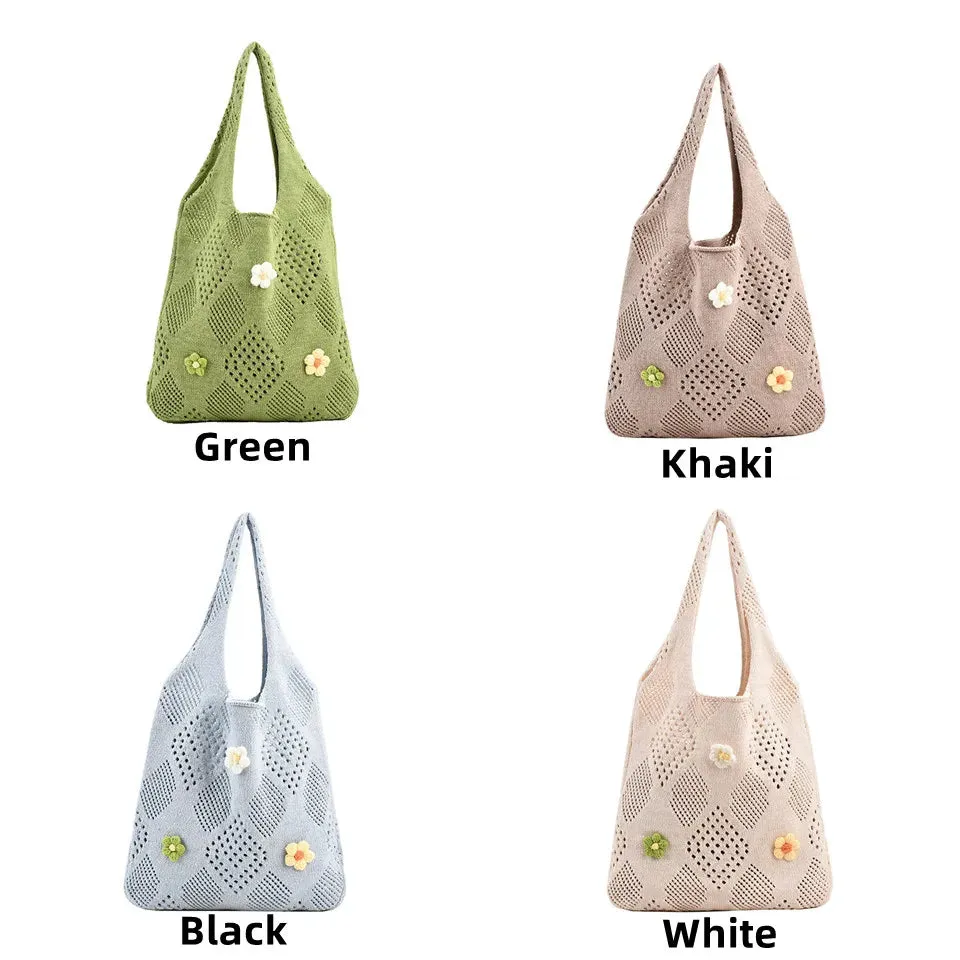 UAKISS  - Cute Large Capacity Tote Handbag Trendy Wool Flower Shoulder Bag for Teenage Girls Fashion Student Top-handle Bag