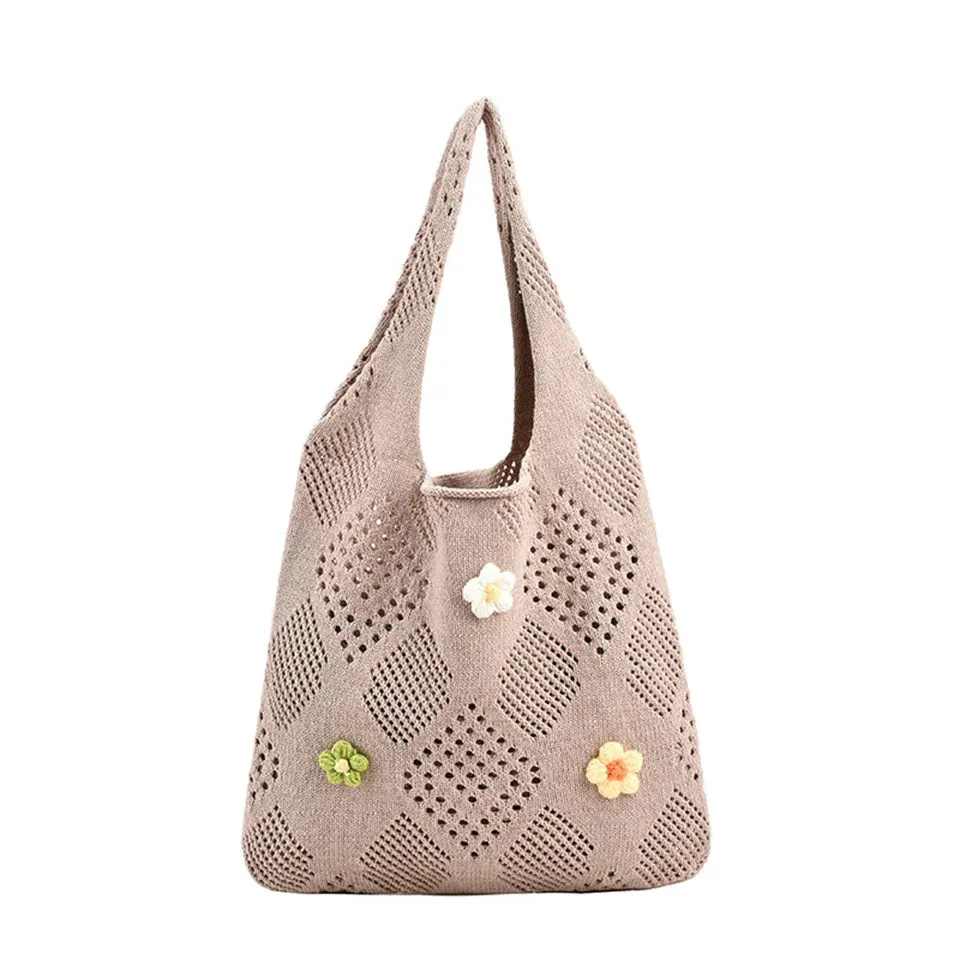 UAKISS  - Cute Large Capacity Tote Handbag Trendy Wool Flower Shoulder Bag for Teenage Girls Fashion Student Top-handle Bag