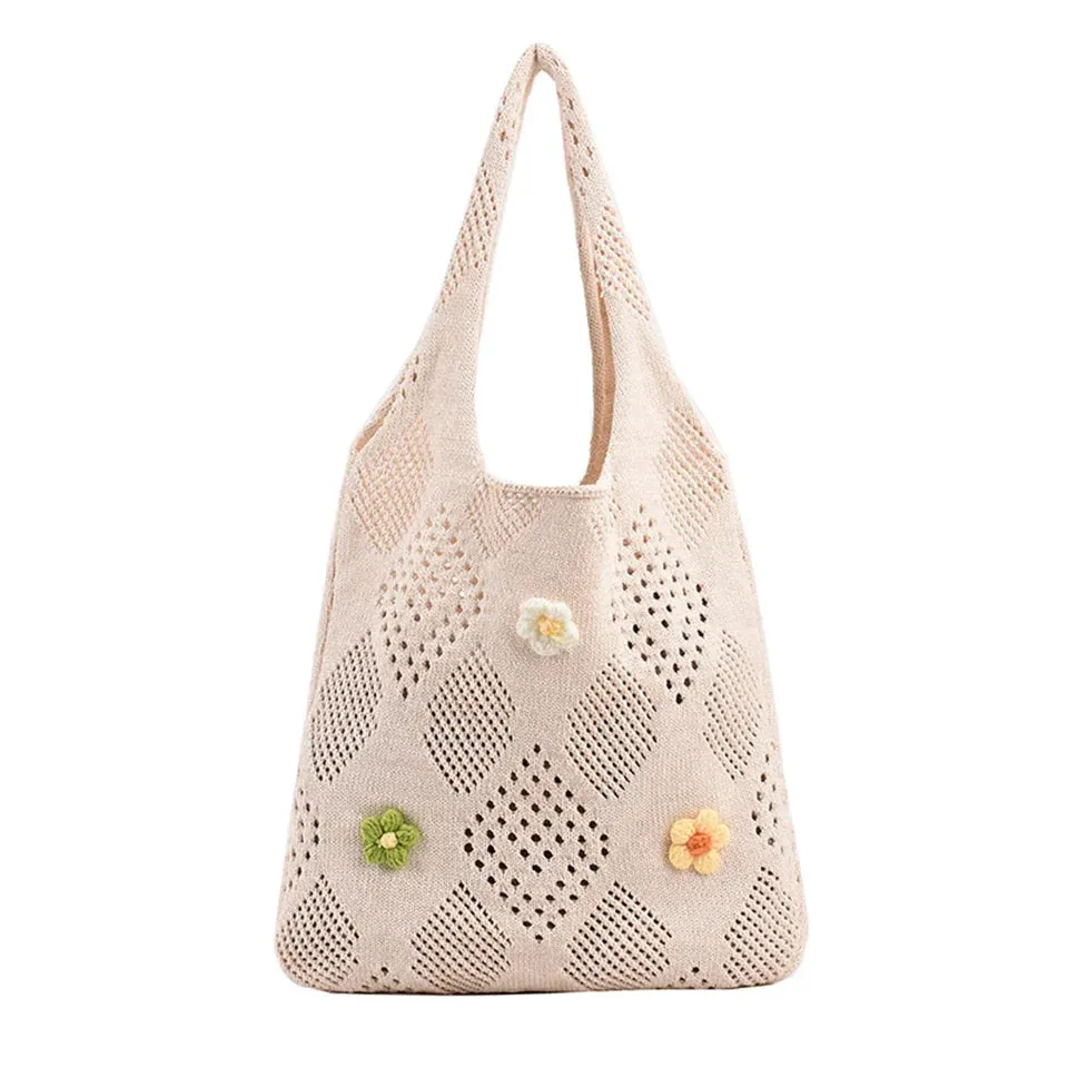 UAKISS  - Cute Large Capacity Tote Handbag Trendy Wool Flower Shoulder Bag for Teenage Girls Fashion Student Top-handle Bag