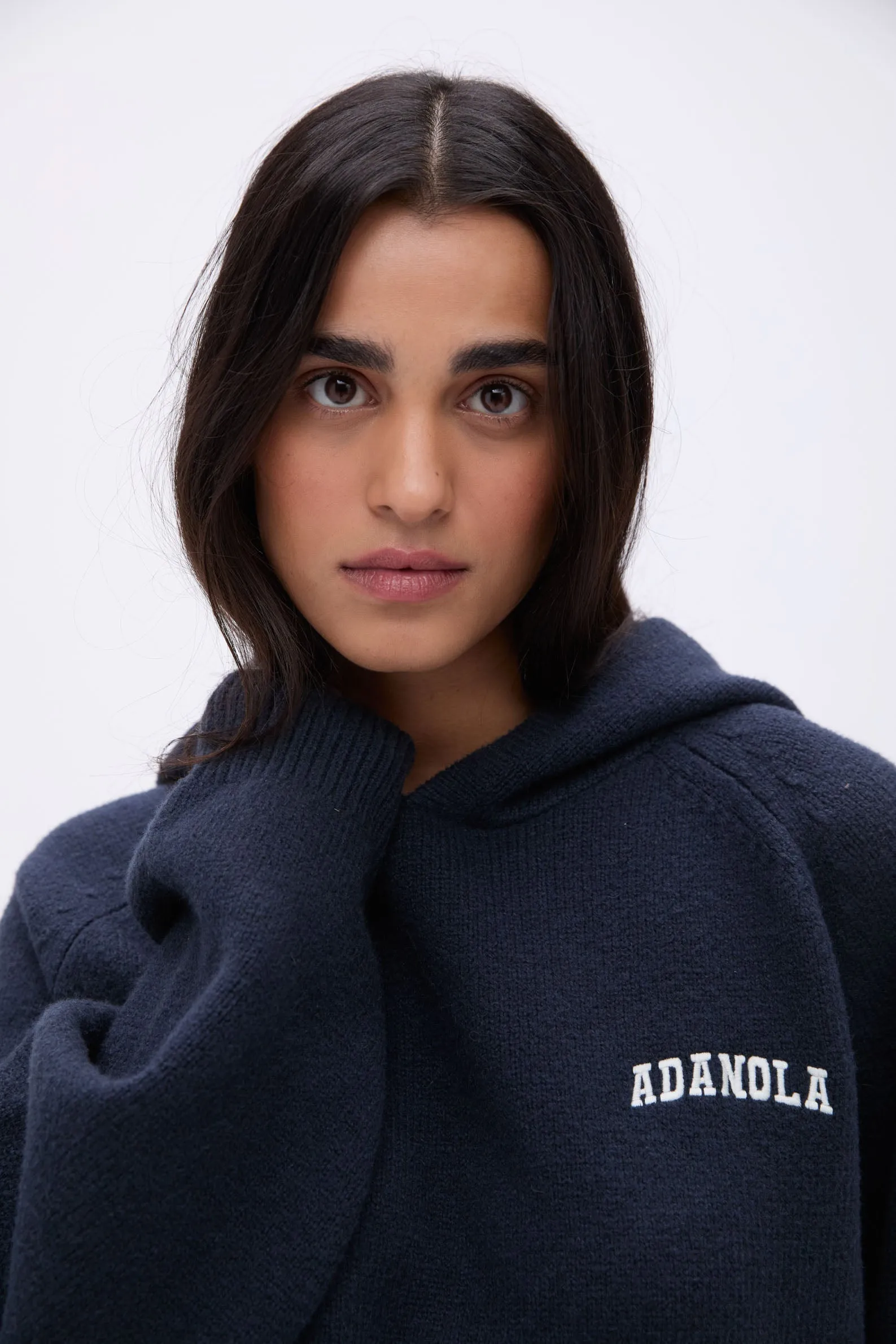 Deep Midnight Blue/Cream Varsity Oversized Knit Hoodie
