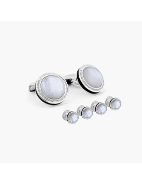 White Mother of Pearl Sterling Silver Signature Round Cufflink & Studs