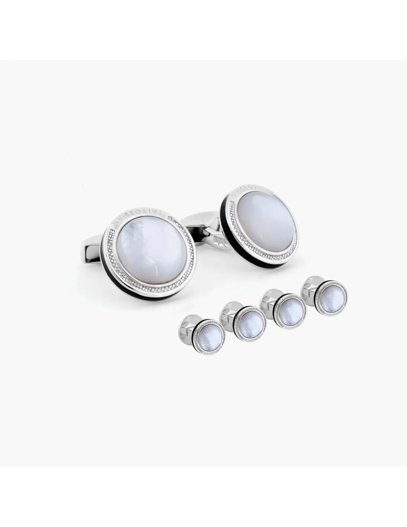 White Mother of Pearl Sterling Silver Signature Round Cufflink & Studs